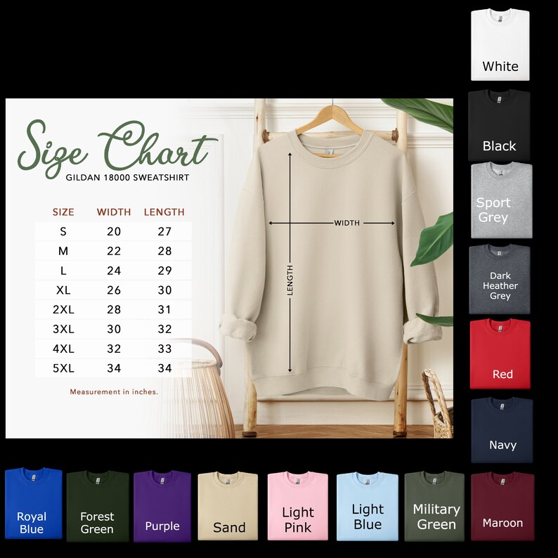 Puede incluir: Una sudadera beige Gildan 18000 en una percha de madera, con una tabla de tallas que muestra las medidas en pulgadas. La tabla enumera las tallas de la S a la 5XL, con una variedad de colores, incluyendo blanco, negro y rojo. El ancho de la sudadera es de 50,8 cm.