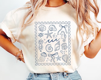 Comfort Color Coquette Seashell T-Shirt,Coastal Summer T-Shirt,Beachy Shell Swim T-Shirt,Trendy Shellfish Best Friend Gift,Ocean Girl Shirt