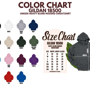 May include: Color chart for Gildan 18500 unisex heavy blend hooded sweatshirt. The chart shows 12 different colors of sweatshirts, including black, white, sport grey, navy, dark heather, sand, forest, military green, light blue, light pink, maroon, purple, red, and royal. The chart also includes a size chart with measurements in inches for width, length, and sleeve length.