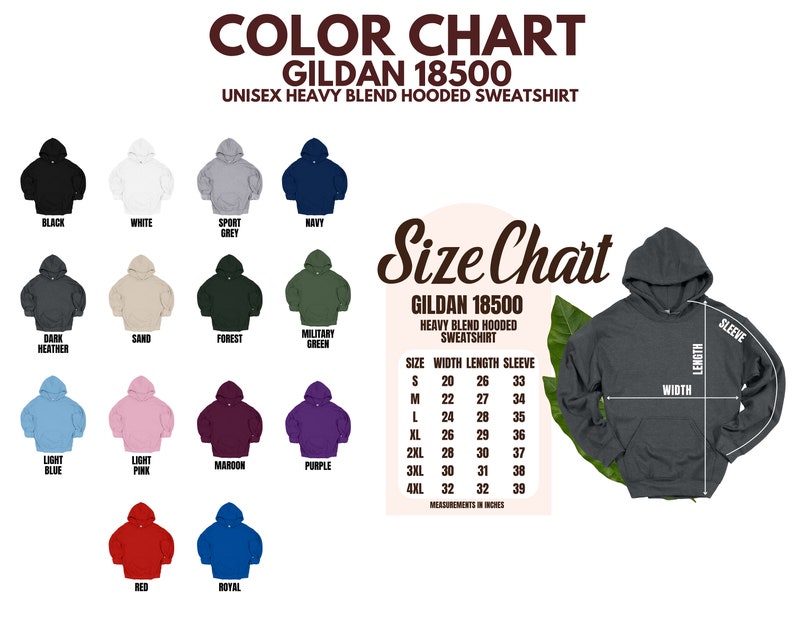 May include: Color chart for Gildan 18500 unisex heavy blend hooded sweatshirt. The chart shows 12 different colors of sweatshirts, including black, white, sport grey, navy, dark heather, sand, forest, military green, light blue, light pink, maroon, purple, red, and royal. The chart also includes a size chart with measurements in inches for width, length, and sleeve length.