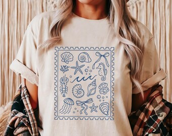 Coquette Seashell T-Shirt,Coastal Summer T-Shirt,Beachy Shell Swim T-Shirt,Trendy Shellfish Best Friend Gift,Ocean Bow Shirt,Ocean Girl Tee