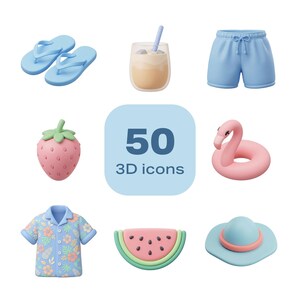 Könnte beinhalten: Eine Sammlung von 3D-Icons mit Sommerthemen. Die Abbildung zeigt blaue Flip-Flops, ein Getränk im Glas, hellblaue Shorts, eine rosa Erdbeere, einen rosa Flamingo-Schwimmring, ein Hawaiihemd, eine Wassermelonenscheibe und einen blauen Hut. Der Text "50 3D icons" ist ebenfalls enthalten.