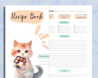 Recipe book template, kitchen organization, A4,A5, printable PDF