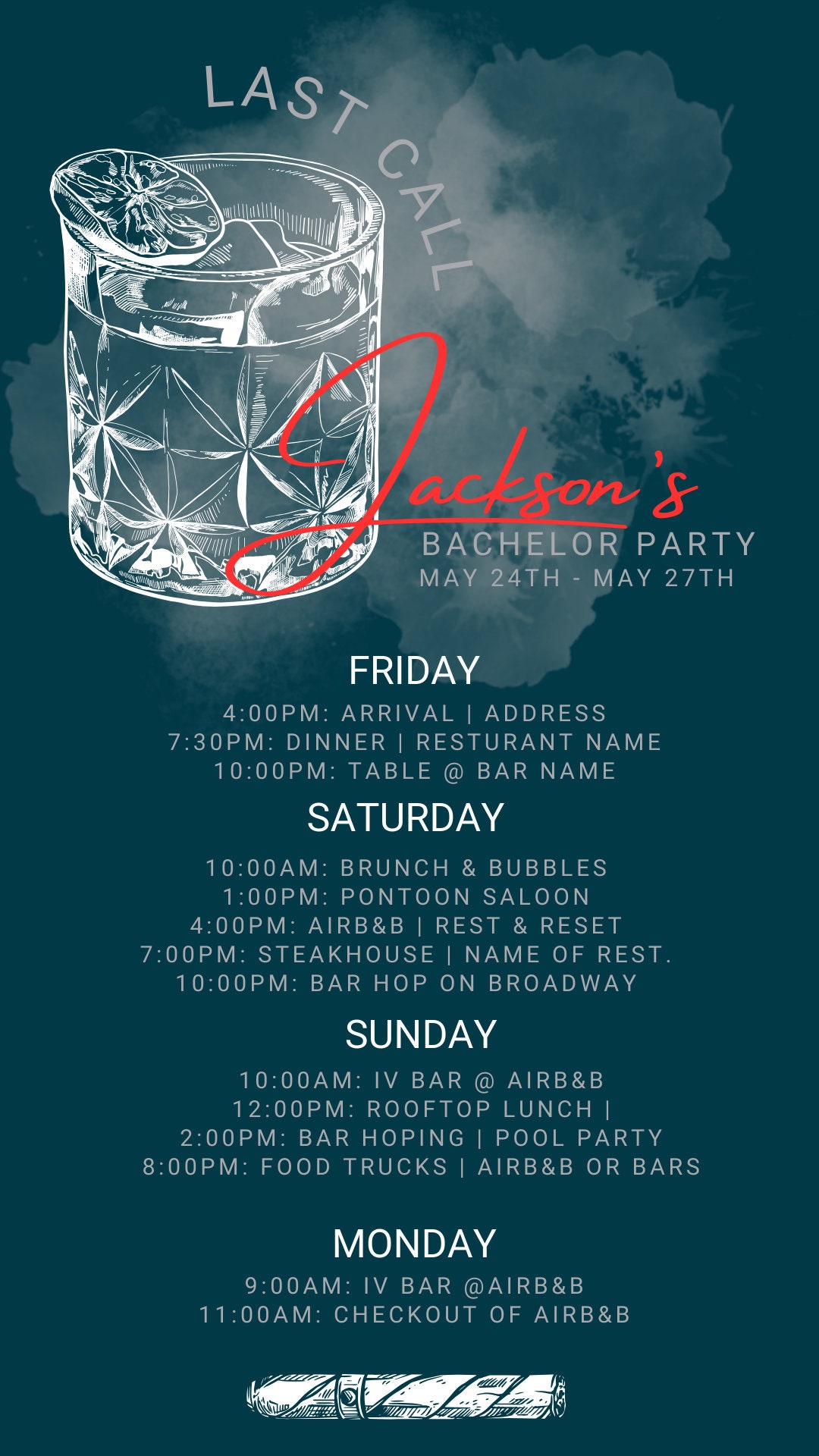 Bachelor Party Itinerary Template Bachelor Weekend Last Call Canva