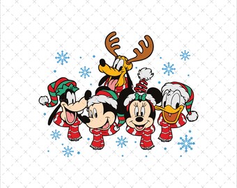 May include: A festive illustration featuring Mickey Mouse, Minnie Mouse, Donald Duck, Goofy, and Pluto, all dressed in holiday attire. They wear red and white striped scarves and hats, with snowflakes scattered around them. The characters are smiling.