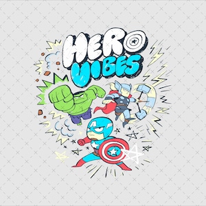 Könnte beinhalten: Ein Cartoon-Grafik mit dem Text "HERO VIBES" und Illustrationen von Hulk, Thor und Captain America. Der Hulk ist grün, Thor hat einen roten Umhang und Captain America hält einen Schild. Der Hintergrund ist hellgrau.