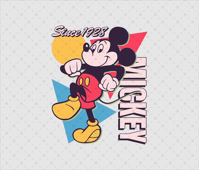 May include: A graphic illustration of Mickey Mouse in a dynamic pose, wearing red shorts and yellow shoes. The design includes the text "Since 1928" and "MICKEY" in a bold font, set against a background of geometric shapes in yellow, red, and blue.