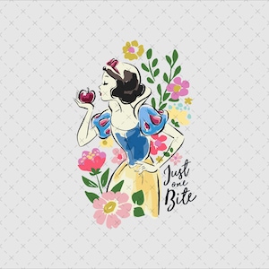 May include: A cartoon illustration of Snow White holding a red apple with a floral background. The text "Just one Bite" is written in black below her.