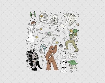Puede incluir: Una ilustración en blanco y negro de personajes de Star Wars, incluyendo Darth Vader, Yoda, Chewbacca, la princesa Leia, Luke Skywalker y R2-D2. Los personajes están rodeados de estrellas y otras imágenes relacionadas con el espacio. El texto "Do or Do Not" está incluido en la imagen.
