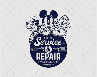 Mickey Mouse Goofy Donald Vintage Garage Service Repair, Retro Line Art Digital Download PNG SVG