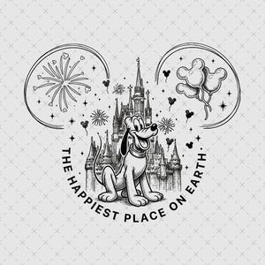 May include: A black and white line art illustration featuring a cartoon dog sitting in front of a castle. The design includes fireworks, Mickey-shaped balloons, and the text THE HAPPIEST PLACE ON EARTH arranged in a circular frame with ears.