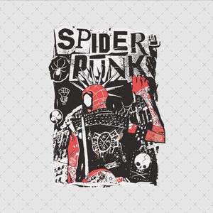 Puede incluir: Una ilustración en blanco y negro de un personaje de Spider-Man con un mohawk y ropa roja y negra. La imagen tiene el texto "Spider Punk" en blanco y negro.