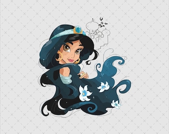 May include: A cartoon illustration of a woman with long dark hair wearing a blue and gold headdress and a blue robe. She is looking to the right and her hair is flowing behind her. There are white flowers in her hair.