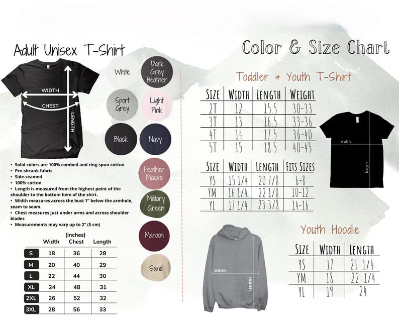 May include: A color and size chart for adult unisex t-shirts, toddler and youth t-shirts, and youth hoodies. The chart includes measurements in inches for width, chest, and length, along with color options.