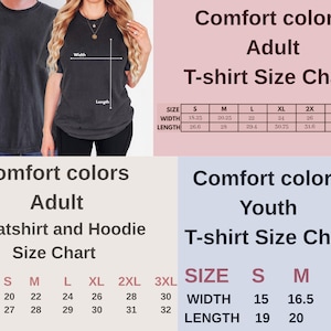Pode incluir: Tabela de tamanhos para camisetas, moletons e moletons com capuz para adultos e jovens. As medidas de largura e comprimento s&atilde;o dadas em cent&iacute;metros, com tamanhos de S a 4XL. O texto 'Comfort Colors' &eacute; vis&iacute;vel.