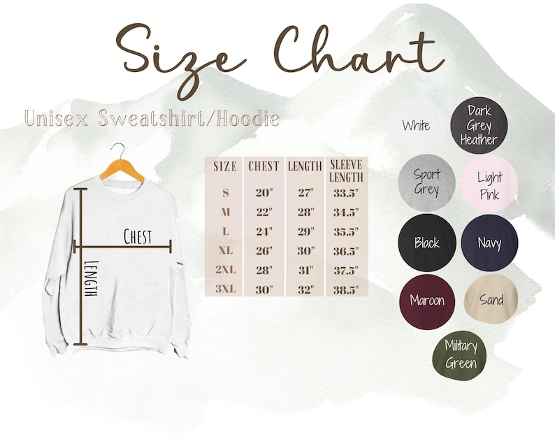 May include: A white unisex sweatshirt/hoodie displayed on a hanger, with a size chart and color options. The chart lists chest, length, and sleeve length measurements in inches for sizes S to 3XL. Color options include white, grey, black, navy, and more.