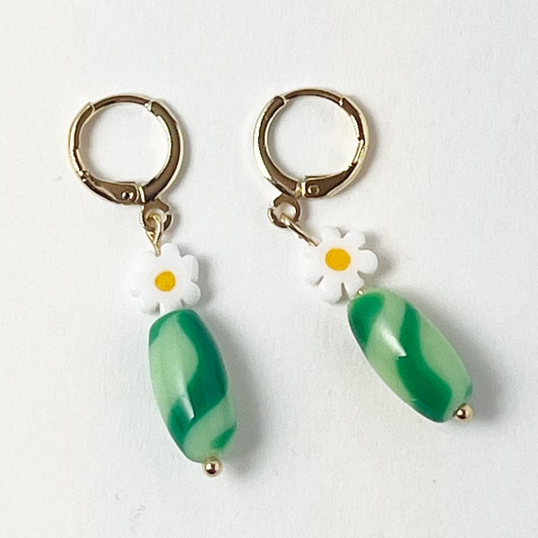 Dangly earrings with green striped vintage glass beads and yellow and white glass millefiori daisies