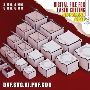 Puede incluir: Conjunto de cajas blancas cortadas con láser de varios tamaños, algunas con tapas y diseños florales. La imagen incluye texto que indica que son archivos digitales para corte láser, disponibles en diferentes tamaños y formatos como DXF, SVG, AI, PDF y CDR. Medidas en mm.