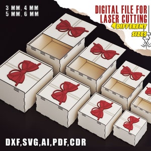 Sliding Lid Boxes with Ribbon Accents - Laser Cutting Files for Glowforge (SVG, DXF, Ai, CDR), 4 Different Sizes