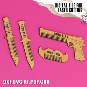 Knife Gun Comb SVG Digital Download | Funny Beard Laser Cut Comb File | Wooden Comb Template | Gift for Barber and Mens for Glowforge xTool
