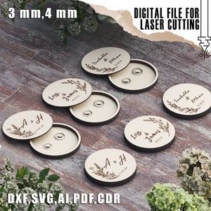 May include: Laser-cut wooden ring boxes, round with dark rims and light-coloured tops, engraved with names and dates. The image includes the text "DIGITAL FILE FOR LASER CUTTING" and "DXF, SVG, AI, PDF, CDR". The boxes are 3 mm and 4 mm thick.