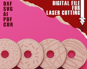 Puede incluir: Archivo digital para corte láser con cuatro diseños de donuts con diferentes patrones de glaseado. La imagen incluye los tipos de archivo: DXF, SVG, AI, PDF y CDR. También está presente el texto "Suitable for all thicknesses".