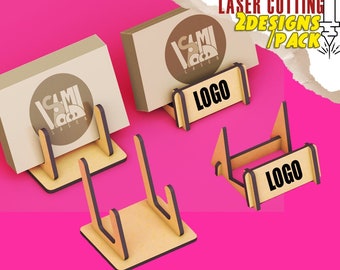 2 Laser Cut Business Card Display Stand with Logo Sign, Customizable Desk Organizer Card Holder Bundles, Glowforge SVG DXF Ai CDR file