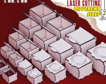 Laser Cut Boxes with Openable Lids in 4 Different Sizes, Patterned Gift Box, Customizable Ring Box, Jewelry Box Laser Cut Files Bundle, SVG