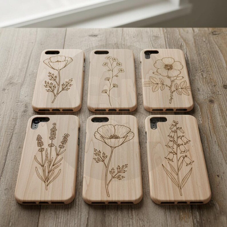 Puede incluir: Seis fundas de tel&eacute;fono de madera clara con dise&ntilde;os florales grabados, incluyendo amapolas y lavanda. Los dise&ntilde;os bot&aacute;nicos est&aacute;n grabados en la superficie, creando una est&eacute;tica natural y r&uacute;stica.