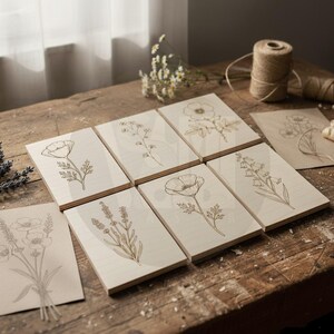 Puede incluir: Una colecci&oacute;n de piezas de arte en madera con delicadas ilustraciones bot&aacute;nicas. Los dise&ntilde;os incluyen varias flores y plantas, grabadas en madera de color claro. El arreglo incluye bloques de madera individuales y algunas tarjetas de papel.