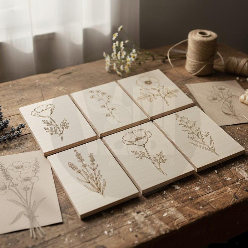 Puede incluir: Una colecci&oacute;n de piezas de arte en madera con delicadas ilustraciones bot&aacute;nicas. Los dise&ntilde;os incluyen varias flores y plantas, grabadas en madera de color claro. El arreglo incluye bloques de madera individuales y algunas tarjetas de papel.