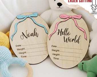 Födelsemeddelande SVG med rosett | Coquette Baby Namnskylt Laserskuren fil | Hello World Baby Decor Digital nedladdning | Träminnesmall