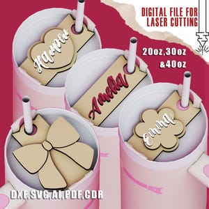 Tumbler Cut File Bundle for 40oz, 30oz, 20oz – Stanley & H2O Tumbler Name Tag SVG, Topper, Lid Plate, Laser Ready Glowforge File for Mug