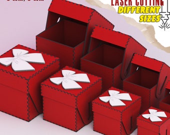 Puede incluir: Cajas de regalo rojas cortadas con láser en varios tamaños, cada una adornada con un lazo blanco. Algunas cajas están abiertas, otras cerradas. El texto dice: "ARCHIVO DIGITAL PARA CORTE LÁSER DIFERENTES TAMAÑOS" y "DXF, SVG, AI, PDF, CDR". Medidas: 3 mm, 4 mm, 5 mm, 6 mm.