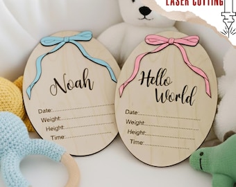 Anuncio de nacimiento con lazo coqueto SVG / Letrero con nombre de bebé cortado a láser / Decoración digital "Hola mundo" para bebé / Plantilla de recuerdo de madera