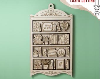 Shaker Bookshelf Ornament SVG | Custom Cozy Laser Cut Glowforge File, Reading Bookcase, Book Lover, Library Decor, Gift for Reader & Bookish