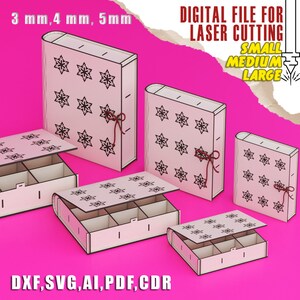 May include: Pink and white laser-cut boxes with snowflake designs, available in small, medium, and large sizes. The boxes have a book-like design with a string closure. The image also includes the text "DIGITAL FILE FOR LASER CUTTING".