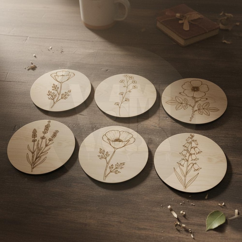 Puede incluir: Seis posavasos redondos de madera con dise&ntilde;os florales grabados. Los posavasos presentan varias ilustraciones bot&aacute;nicas, incluyendo una amapola, lavanda y otras flores. Los posavasos est&aacute;n dispuestos sobre una superficie de madera.