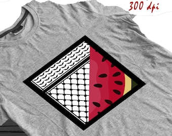 May include: A gray t-shirt featuring a diamond-shaped design. The design is split into two sections: one with a black and white pattern, and the other with a watermelon slice. The shirt also includes the text "PNG, SVG, PDF, DXF" and "2000X2000 pixel 300 dpi".