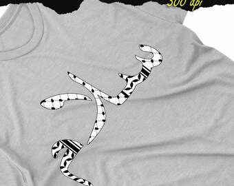 Puede incluir: Una camiseta gris claro con un diseño abstracto en blanco y negro. El diseño se compone de líneas y formas curvas con detalles estampados. El texto "PNG, SVG, PDF" y "2000x2000 píxeles 300 ppp" es visible. También es visible el texto "Adecuado para colores oscuros y claros".