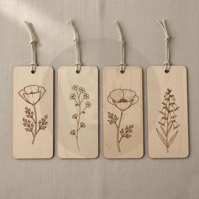 Puede incluir: Cuatro marcap&aacute;ginas de madera con dise&ntilde;os florales. Cada marcap&aacute;ginas presenta una ilustraci&oacute;n bot&aacute;nica diferente: una amapola, una ramita de flores peque&ntilde;as, otra amapola y una campanilla. Cada uno tiene un lazo de cuerda natural para colgar.