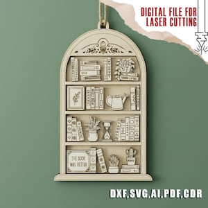 Bokälskare Shaker Bokhylla Ornament SVG | Mysig Laserskuren Glowforge-fil, Läsbokhylla, Biblioteksdekor, Gåva för Läsare och Boknörd