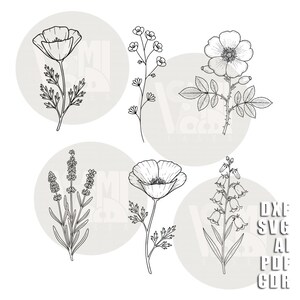 Puede incluir: Ilustraciones en blanco y negro de varias flores, incluyendo amapolas y lavanda, sobre fondos circulares grises claros. La imagen tambi&eacute;n incluye el texto "DXF SVG AI PDF CDR".