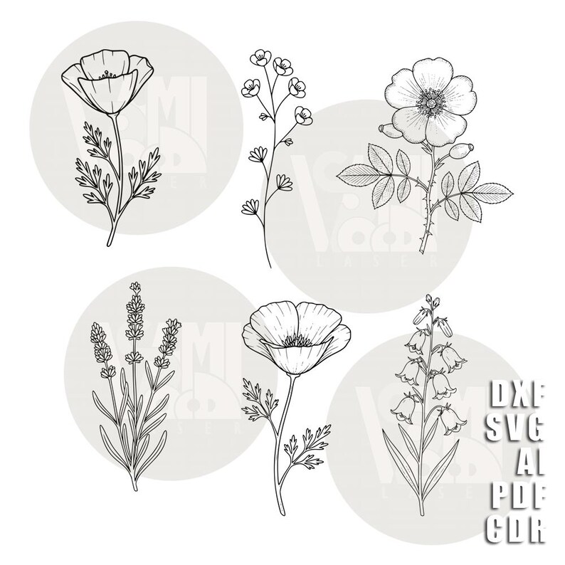 Puede incluir: Ilustraciones en blanco y negro de varias flores, incluyendo amapolas y lavanda, sobre fondos circulares grises claros. La imagen tambi&eacute;n incluye el texto "DXF SVG AI PDF CDR".