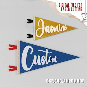 Puede incluir: Dos banderines de pared. Uno es dorado con el nombre "Jasmine" en escritura blanca, el otro es azul con la palabra "Custom" en escritura blanca. También se ve el texto "DIGITAL FILE FOR LASER CUTTING" y "DXF, SVG, AI, PDF, CDR".