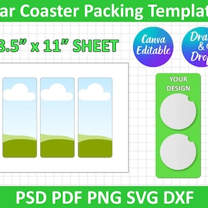 Pode incluir: Modelo de embalagem de porta-copos de carro com o texto "8.5" x 11" SHEET". O design inclui um modelo para porta-copos de carro com um design de céu e grama, e um modelo verde com dois círculos brancos. A imagem também inclui o texto "Canva Editable" e "Drag & Drop".