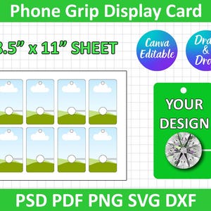 May include: A display card for phone grips. The card is 8.5" x 11" and features a layout for multiple phone grips with a landscape design. Includes a green tag with the text "YOUR DESIGN" and a diamond graphic. The card is Canva editable and supports drag and drop.