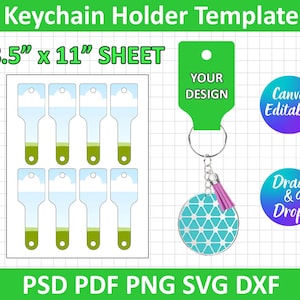 Könnte beinhalten: Eine digitale Vorlage für Schlüsselanhänger, mit einem Bogen mit acht Schlüsselanhänger-Designs, einem grünen Schlüsselanhänger-Mockup mit dem Text "YOUR DESIGN" und einem runden Schlüsselanhänger mit türkisfarbenem geometrischen Muster. Das Blatt misst 21,6 cm x 27,9 cm.