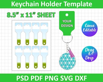 Könnte beinhalten: Eine digitale Vorlage für Schlüsselanhänger, mit einem Bogen mit acht Schlüsselanhänger-Designs, einem grünen Schlüsselanhänger-Mockup mit dem Text "YOUR DESIGN" und einem runden Schlüsselanhänger mit türkisfarbenem geometrischen Muster. Das Blatt misst 21,6 cm x 27,9 cm.