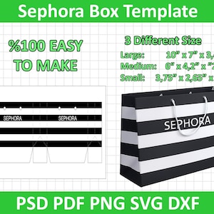 May include: A template for a Sephora box, featuring a black and white striped shopping bag design. The image includes a diagram of the box and text indicating three different sizes: 10" x 7" x 3.4", 6" x 4.2" x 2", and 3.75" x 2.65" x 1.3".